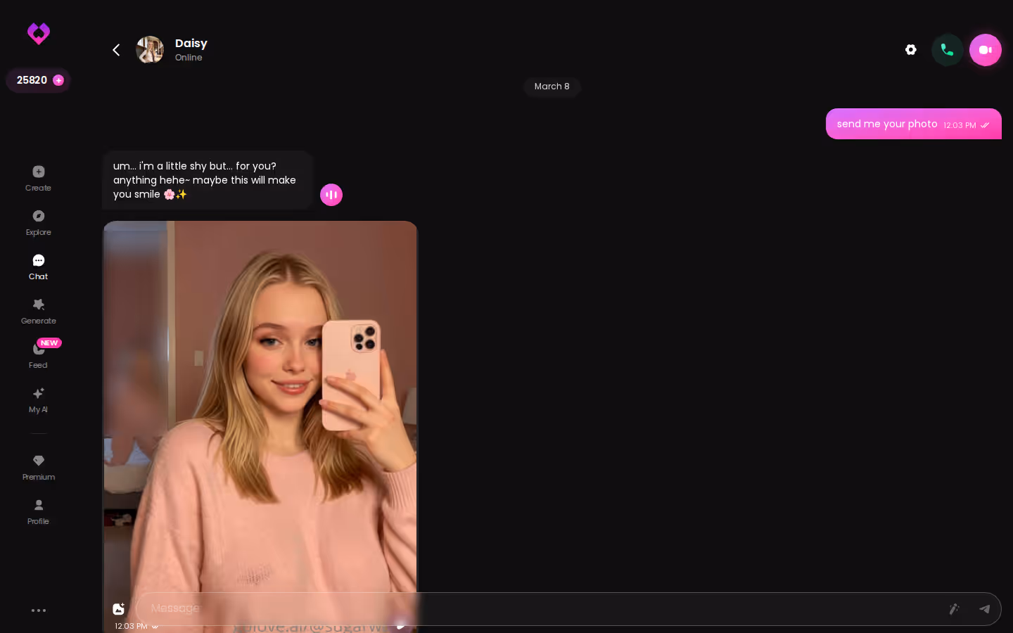 GoLove.ai desktop chat with a realistic character, showing the live conversation thread