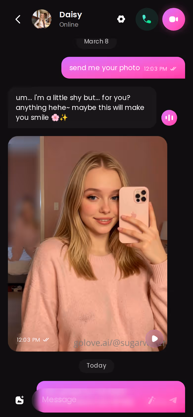 GoLove.ai mobile chat thread with a realistic AI companion, where photos and calls are requested in the conversation