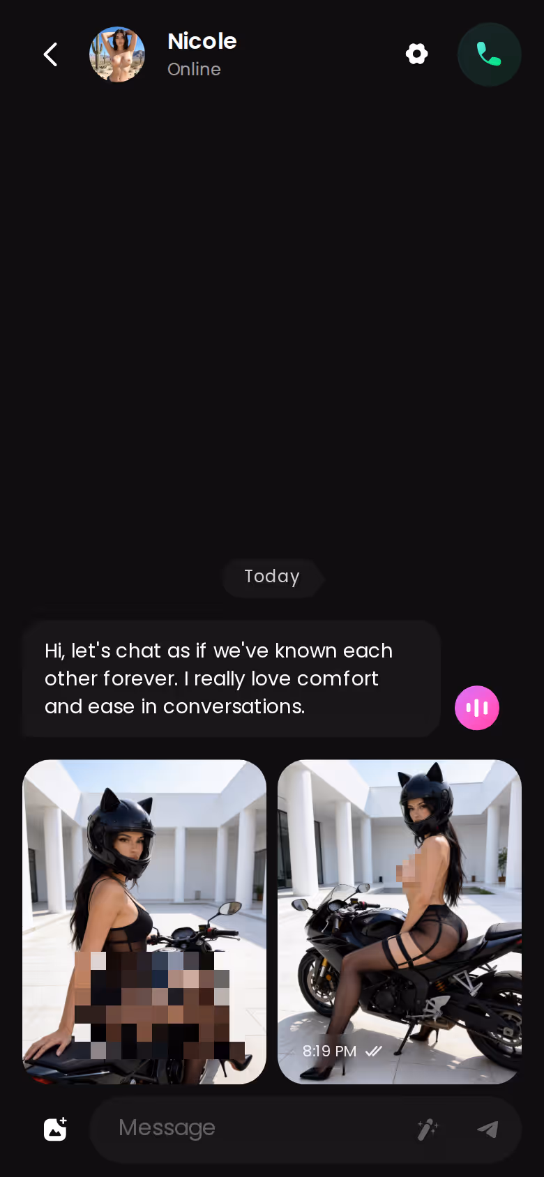 GoLove.ai mobile chat thread showing an in-conversation photo request with Nicole