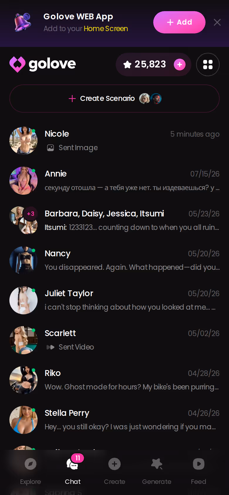 Mobile GoLove.ai chats list with last-message previews — blonde ai porn