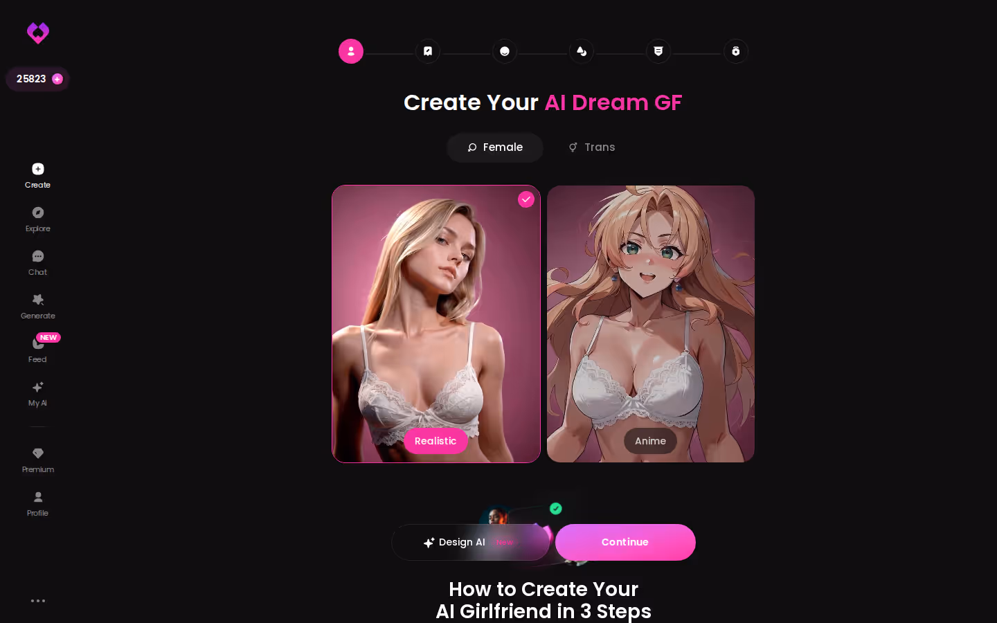 GoLove.ai Create wizard — Female or Trans, Realistic or Anime pick — realistic ai sex