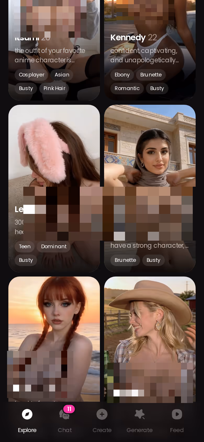 GoLove.ai Explore page on mobile showing companions you can start chatting with right away