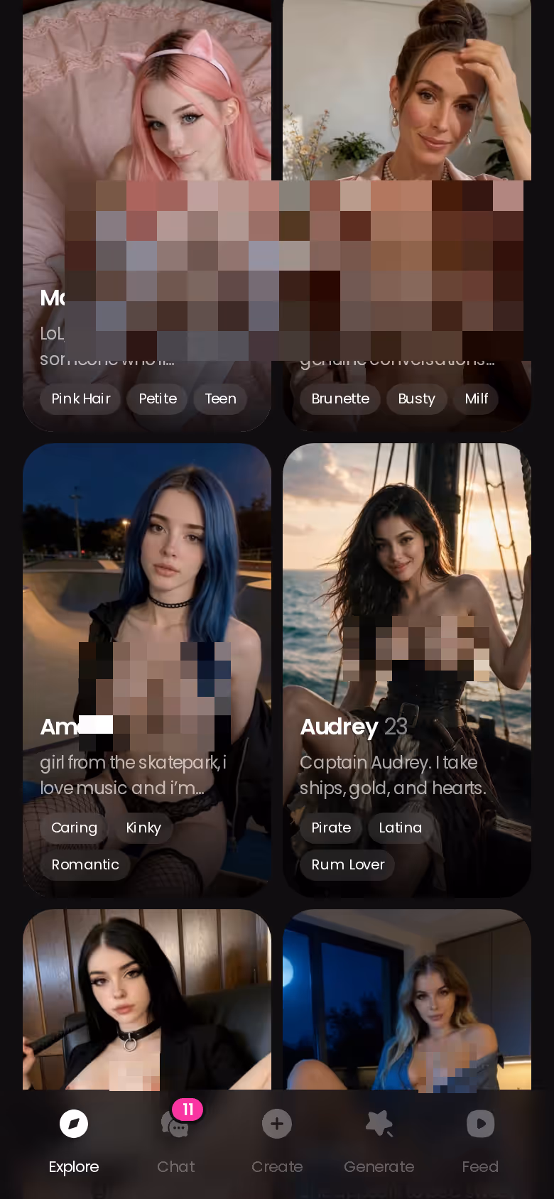 GoLove.ai mobile Explore screen with realistic AI girlfriends to swipe, tap and chat with