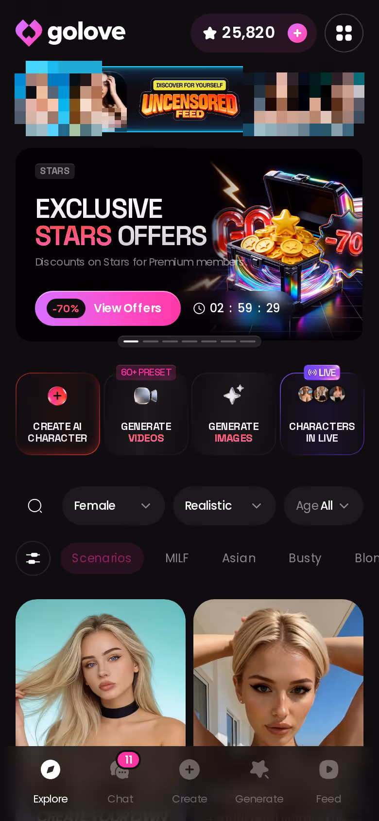 GoLove.ai Explore grid of realistic AI girlfriends on mobile, where tapping a character opens chat