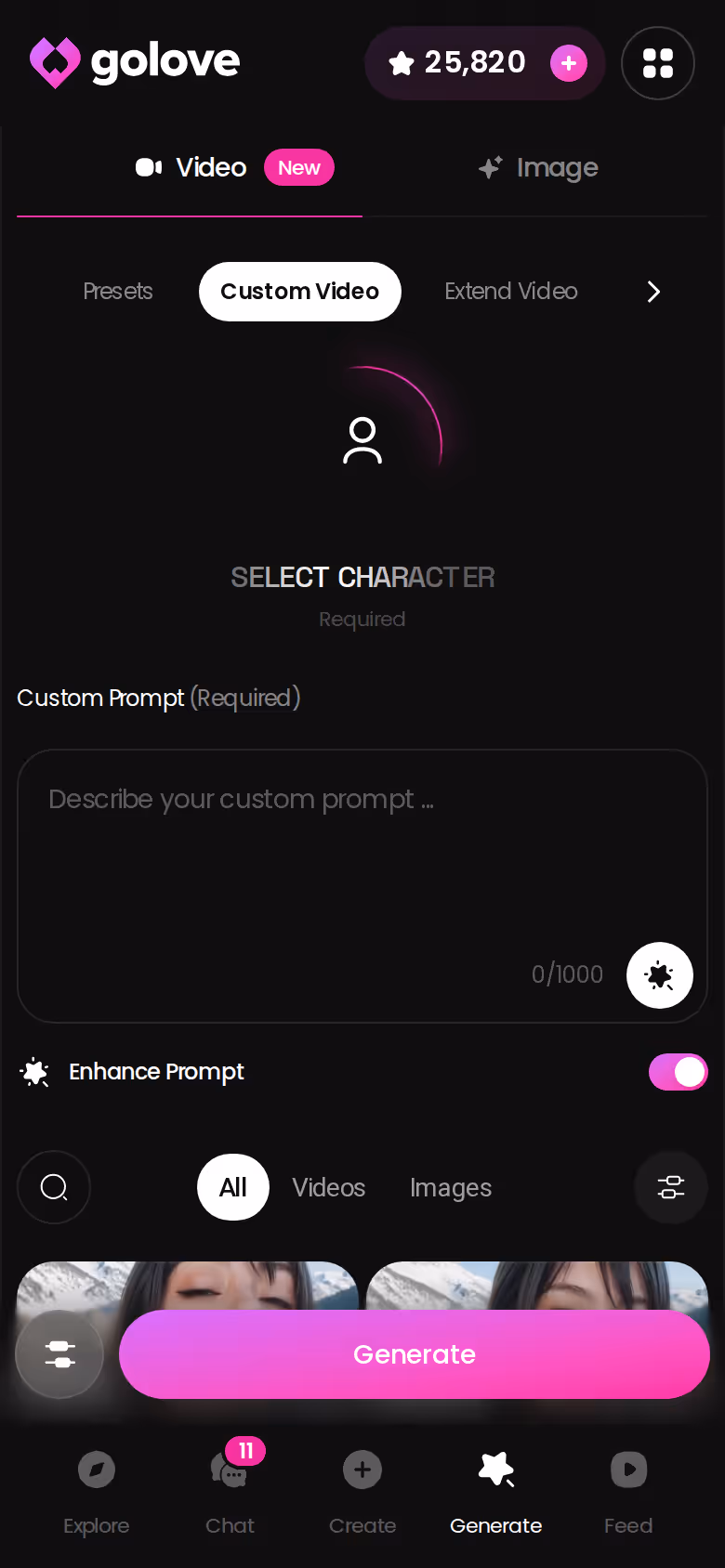 GoLove.ai mobile video generator with preset action cards selected for a custom character