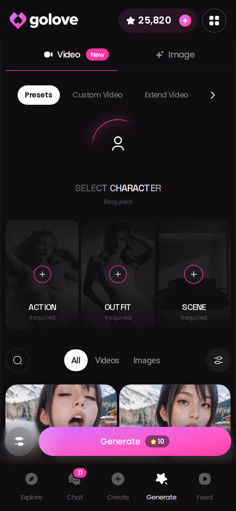 GoLove.ai mobile generator hub showing the full set of picture and video modes