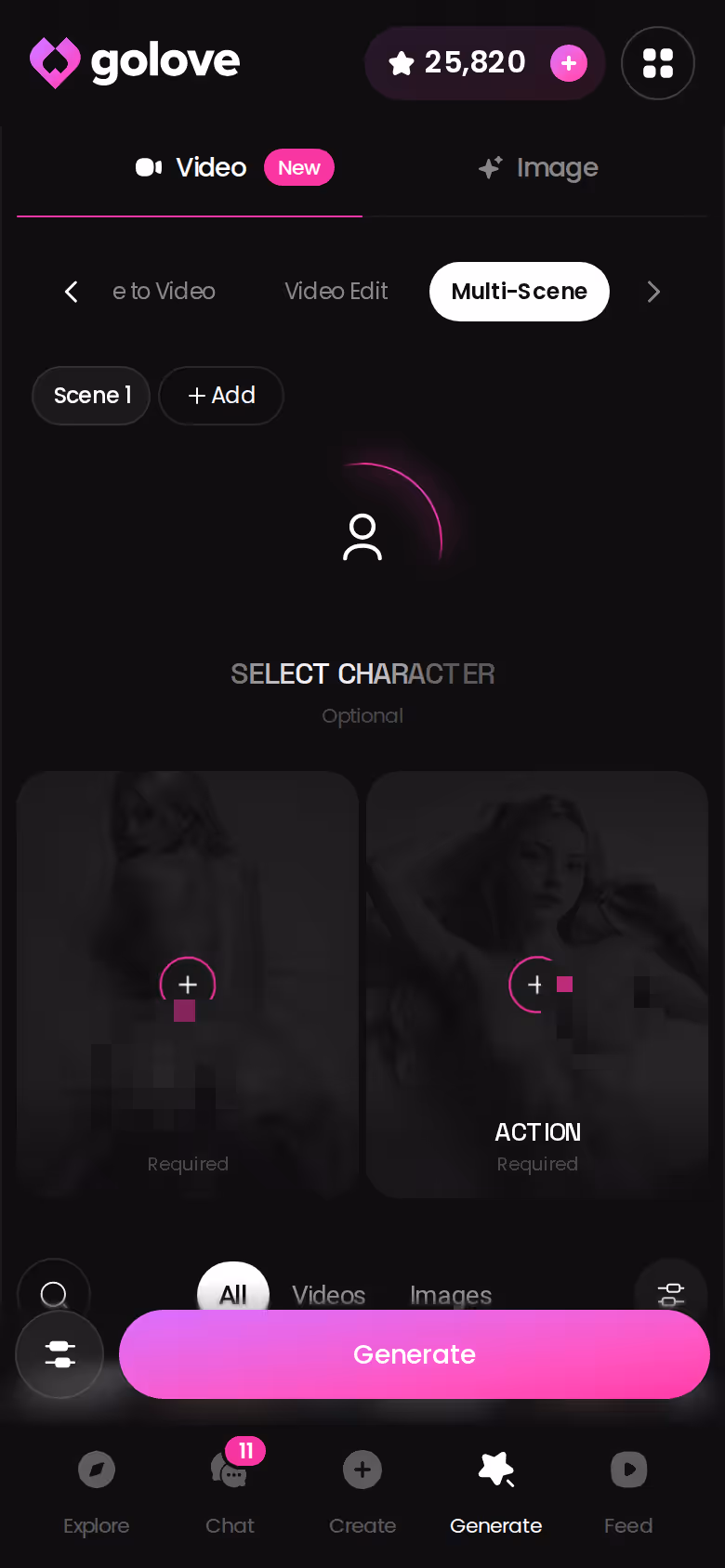 GoLove.ai Multi Scene on mobile — building one clip from several moments