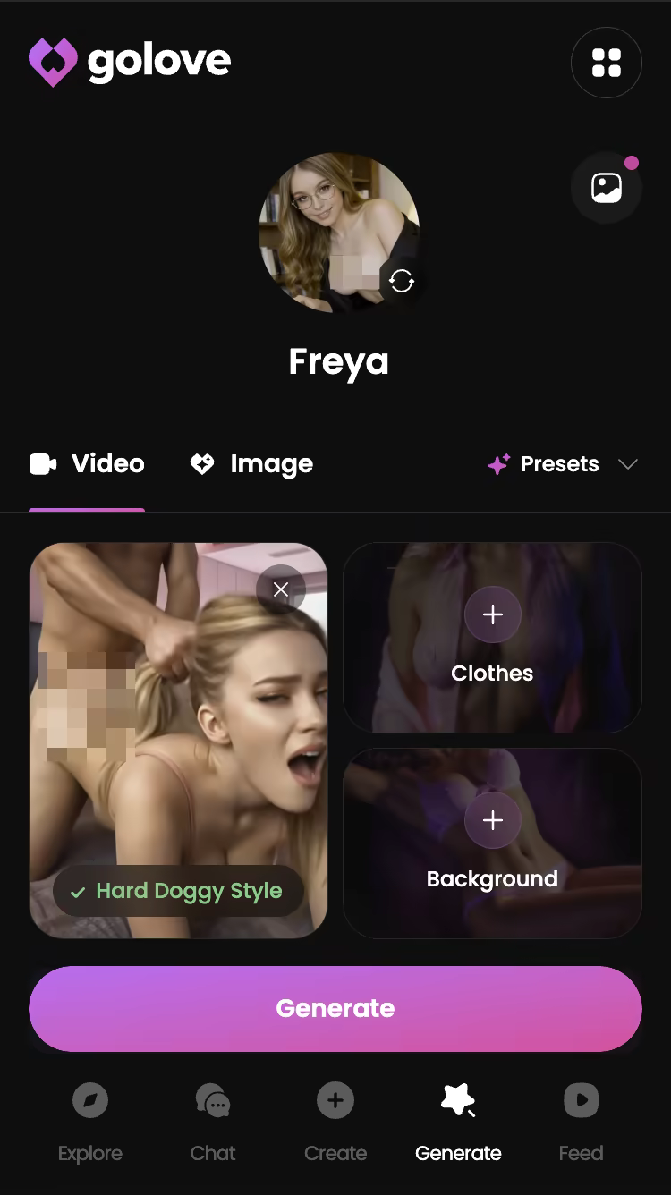 Explicit action preset selected in the GoLove.ai video generator — realistic ai sex