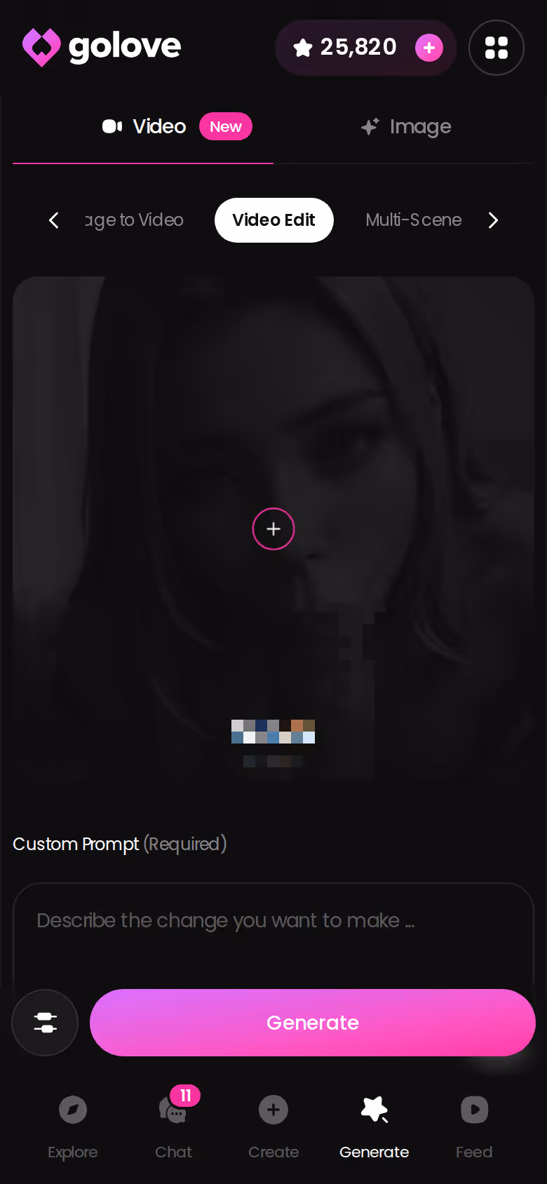 GoLove.ai Video Edit screen in the mobile generator